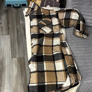 Plaid Button-Up Shacket in Camel, Black & Cream